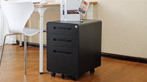 English Elm Black Rolling Steel File Cabinet Three Drawers Locking Under Desk Office Storage W124782438