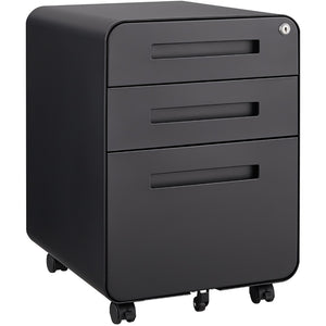 English Elm Black Rolling Steel File Cabinet Three Drawers Locking Under Desk Office Storage W124782438