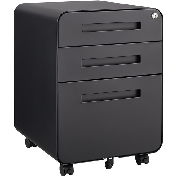 English Elm Black Rolling Steel File Cabinet Three Drawers Locking Under Desk Office Storage W124782438