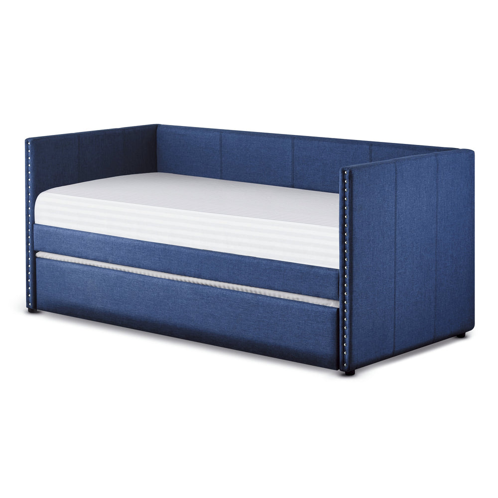 English Elm Blue Fabric Upholstered Daybed with Pull-Out Trundle, Nailhead Trim, Wood Frame, Twin Sleep Solution B011S00875