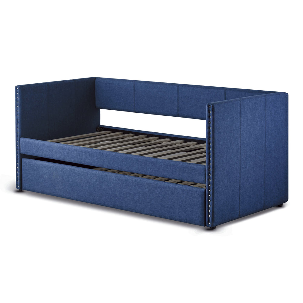 English Elm Blue Fabric Upholstered Daybed with Pull-Out Trundle, Nailhead Trim, Wood Frame, Twin Sleep Solution B011S00875