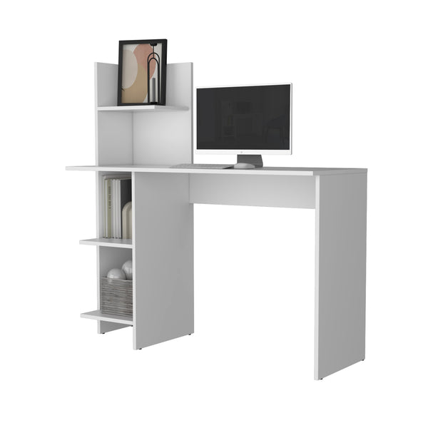 English Elm Tecoa Writing Desk with Four Shelves in White – 47" Engineered Wood Workstation, Modern Storage B128P176186