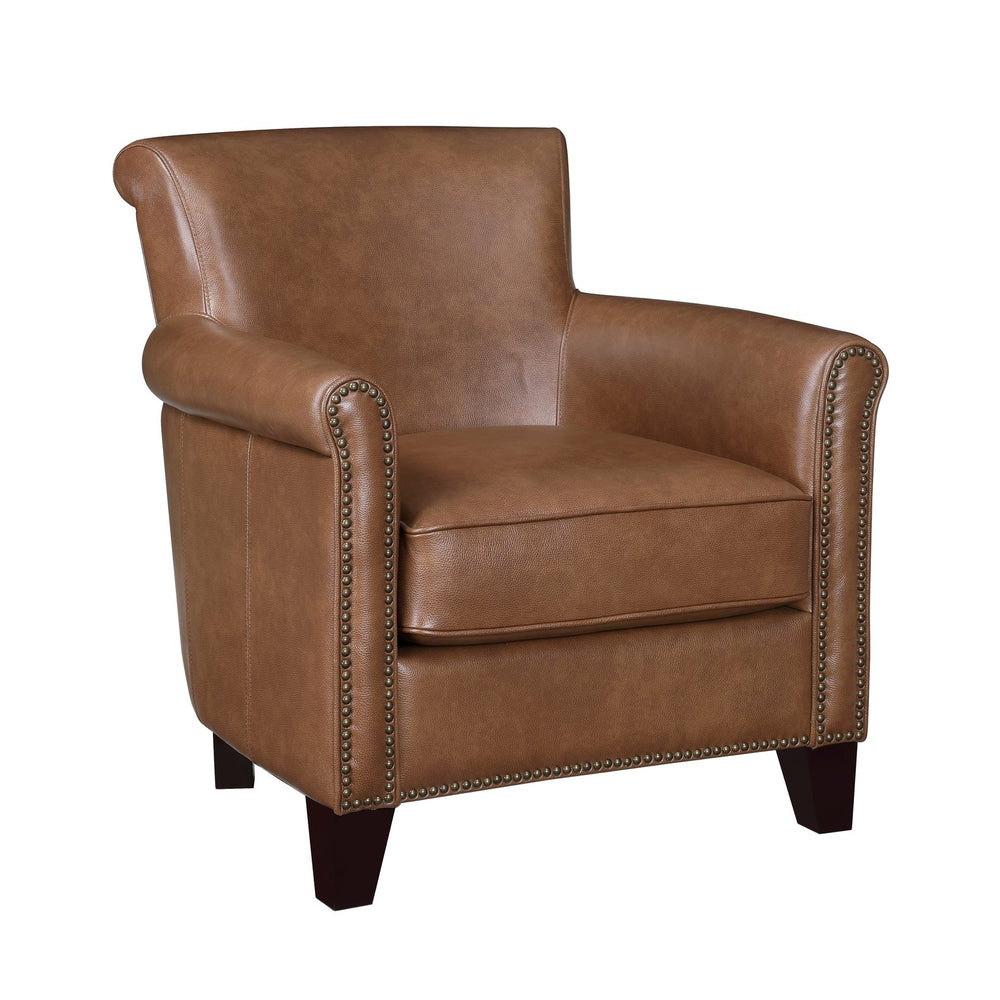 English Elm Traditional Brown Leather Accent Chair Solid Wood Frame Top-Grain Leather Nailhead Trim Cozy Modern Classic Lounge Seat 31.5x35x34 inch B011P178524