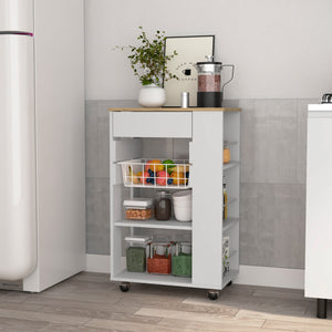 English Elm Blosson Kitchen Cart - Compact Mobile Storage With Drawer & Open Shelves In White & Light Oak Finish B070S00099