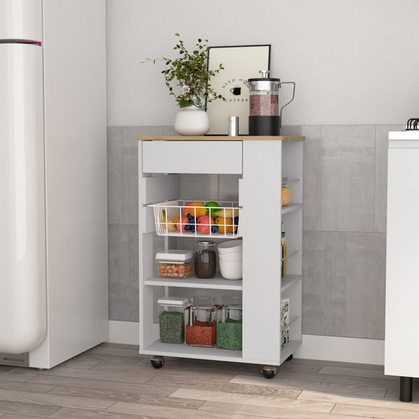 English Elm Blosson Kitchen Cart - Compact Mobile Storage With Drawer & Open Shelves In White & Light Oak Finish B070S00099