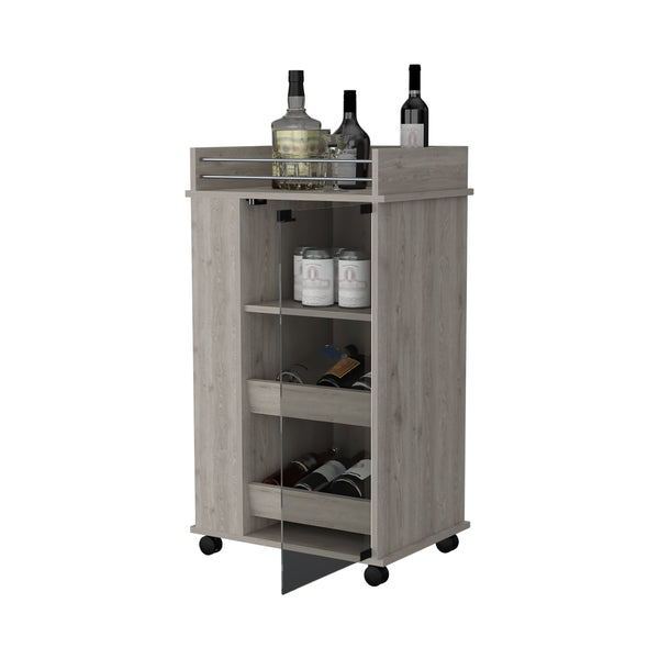 English Elm Lusk Light Gray Bar Cart with 2-Bottle Shelf, Glass Door, Smooth Casters & Side Storage B128P176153