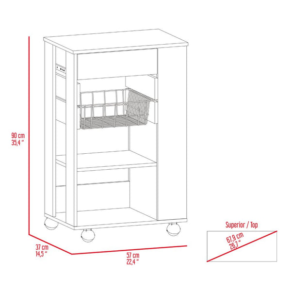 English Elm Blosson Kitchen Cart - Compact Mobile Storage With Drawer & Open Shelves In White & Light Oak Finish B070S00099
