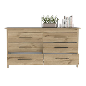 English Elm Hms 6-Drawer Double Dresser in Light Oak & White with Black Metal Pulls, Metal Gliders, 31.7" Tall B070S00103