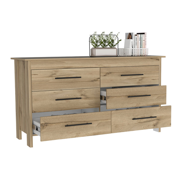 English Elm Hms 6-Drawer Double Dresser in Light Oak & White with Black Metal Pulls, Metal Gliders, 31.7" Tall B070S00103