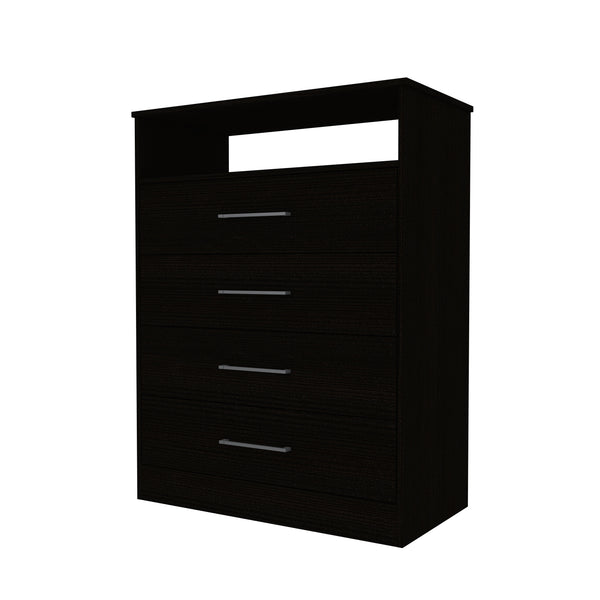 English Elm Continental Black Dresser with Superior Top, 4 Spacious Drawers & Open Electronics Shelf, 43.2" tall B070S00101