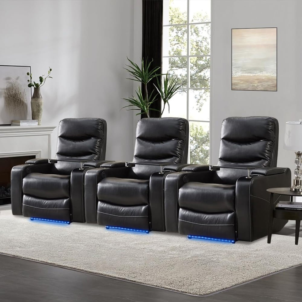 English Elm M062 Power Recliner Faux Leather Chair with Led Lighting Usb Port and Storage Black W1805S00031
