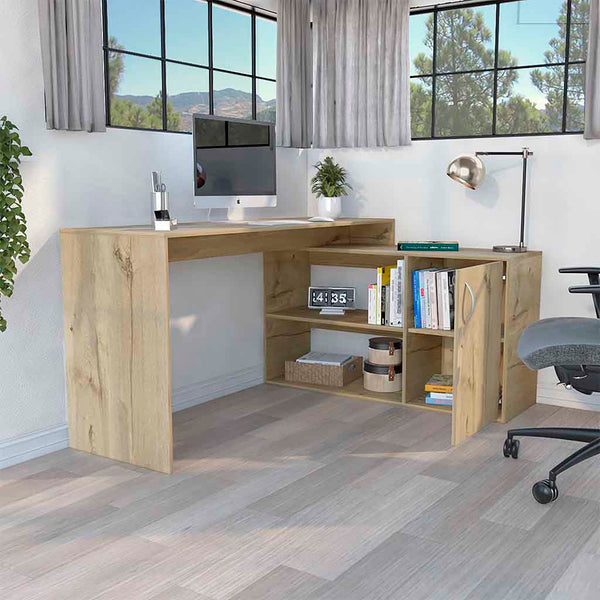 English Elm Axis Modern L-Shaped Computer Desk - Stylish Light Oak Finish With Ample Storage & Workspace B200S00113