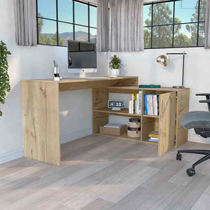 English Elm Axis Modern L-Shaped Computer Desk With Spacious Surface & Stylish Open Storage - Light Oak Finish B070S00113