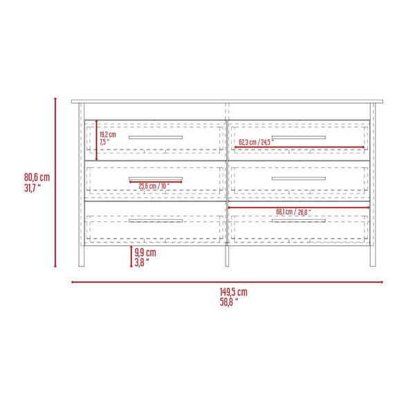 English Elm Hms 6-Drawer Double Dresser with Superior Top, Light Oak/White Finish, Metal Gliders & Pulls B200S00103