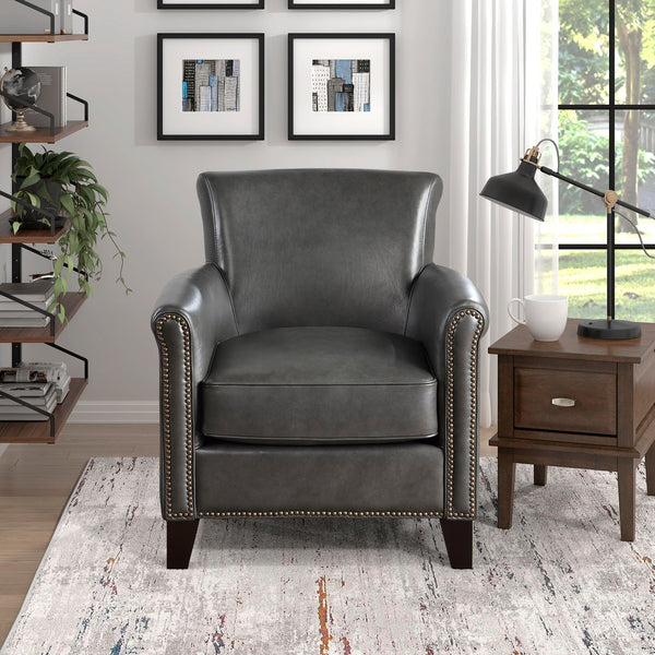 English Elm Classic Transitional Gray Accent Chair Top-Grain Leather Nailhead Trim Solid Wood Frame 31.5"x35" B011P178523