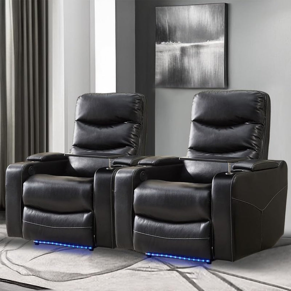 English Elm M062 Power Recliner Faux Leather Chair with Led Lighting Usb Port and Storage Black W1805S00030