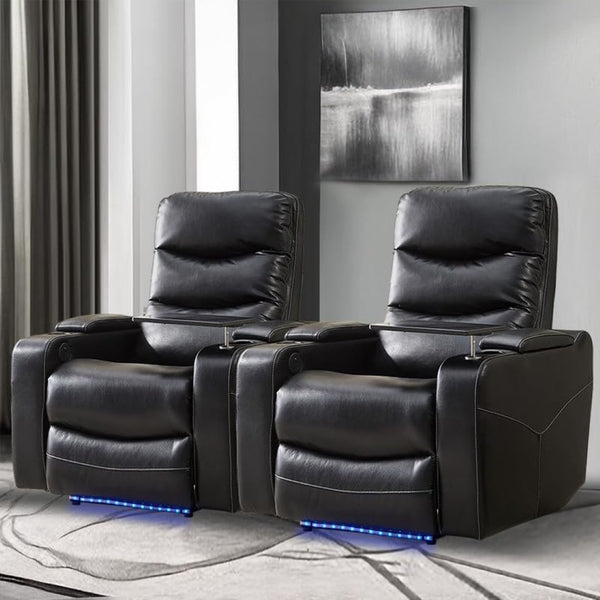 English Elm M062 Power Recliner Faux Leather Chair with Led Lighting Usb Port and Storage Black W1805S00030
