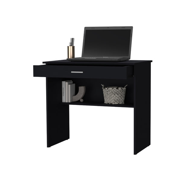 English Elm Kaylor Storage Desk with Drawer & Lower Shelf, 31.5"W Compact Modern Workstation in Black/White Finish B128P176189