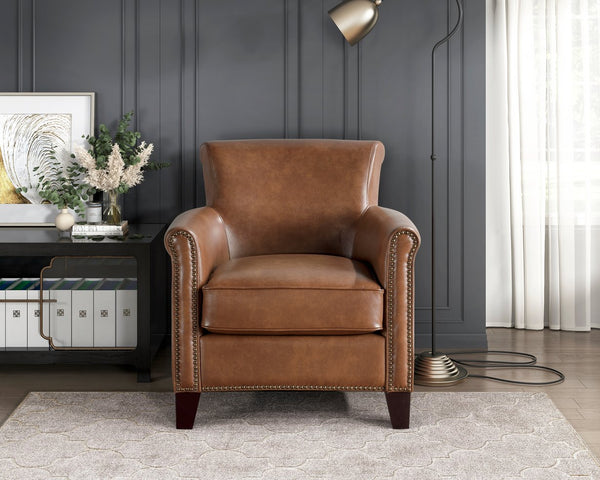 English Elm Traditional Brown Leather Accent Chair Solid Wood Frame Top-Grain Leather Nailhead Trim Cozy Modern Classic Lounge Seat 31.5x35x34 inch B011P178524
