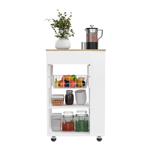 English Elm Blosson Kitchen Cart - Compact Mobile Storage With Drawer & Open Shelves In White & Light Oak Finish B070S00099