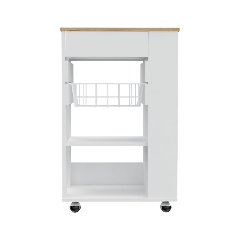 English Elm Blosson Kitchen Cart - Compact Mobile Storage With Drawer & Open Shelves In White & Light Oak Finish B070S00099
