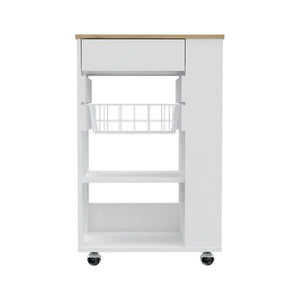 English Elm Blosson Kitchen Cart - Compact Mobile Storage With Drawer & Open Shelves In White & Light Oak Finish B070S00099