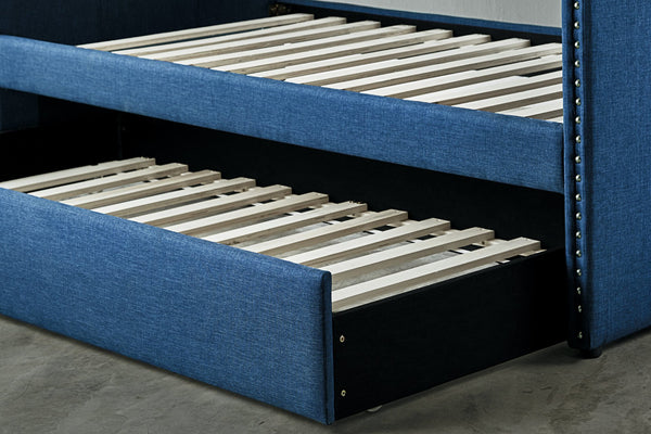 English Elm Blue Fabric Upholstered Daybed with Pull-Out Trundle, Nailhead Trim, Wood Frame, Twin Sleep Solution B011S00875