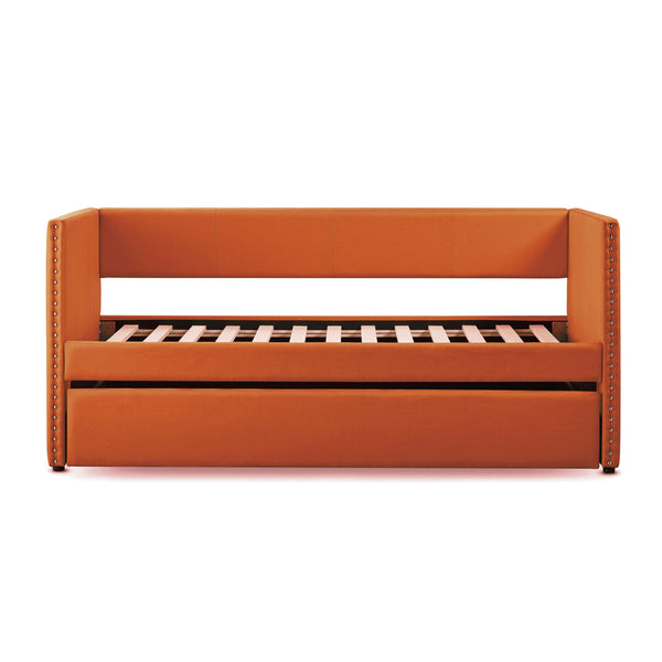 English Elm Orange Therese Fabric Daybed with Pull-Out Trundle, Nailhead Trim, Wood Frame, Twin Sleep Solution B011S00873