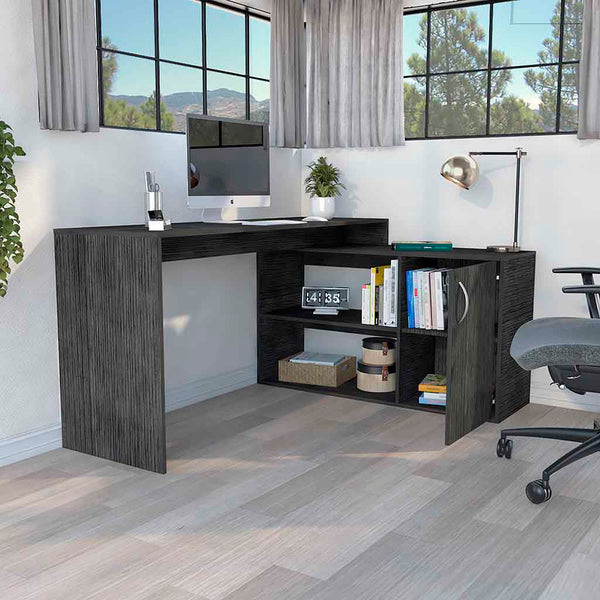 English Elm Axis Modern L-Shaped Computer Desk - Stylish Smokey Oak Workstation With Ample Storage Solutions B200S00114