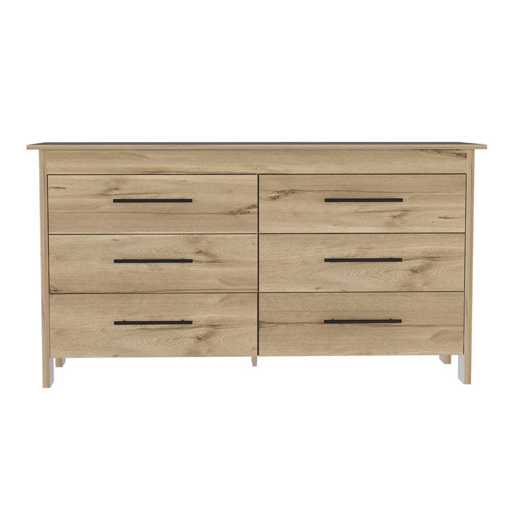 English Elm Hms 6-Drawer Double Dresser in Light Oak & White with Black Metal Pulls, Metal Gliders, 31.7" Tall B070S00103