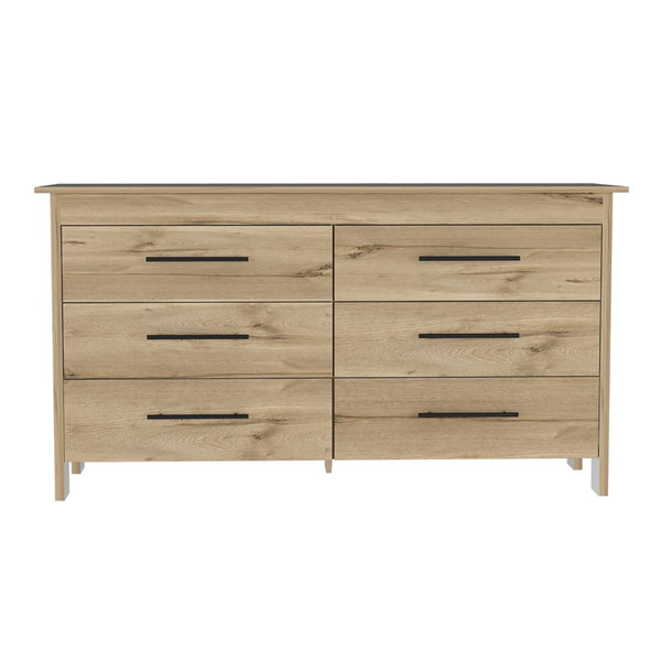 English Elm Hms 6-Drawer Double Dresser in Light Oak & White with Black Metal Pulls, Metal Gliders, 31.7" Tall B070S00103