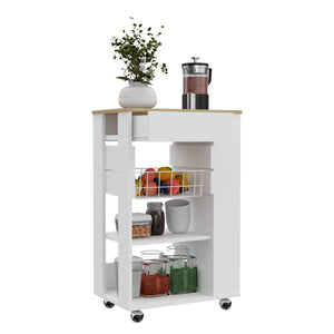English Elm Blosson Kitchen Cart - Compact Mobile Storage With Drawer & Open Shelves In White & Light Oak Finish B070S00099