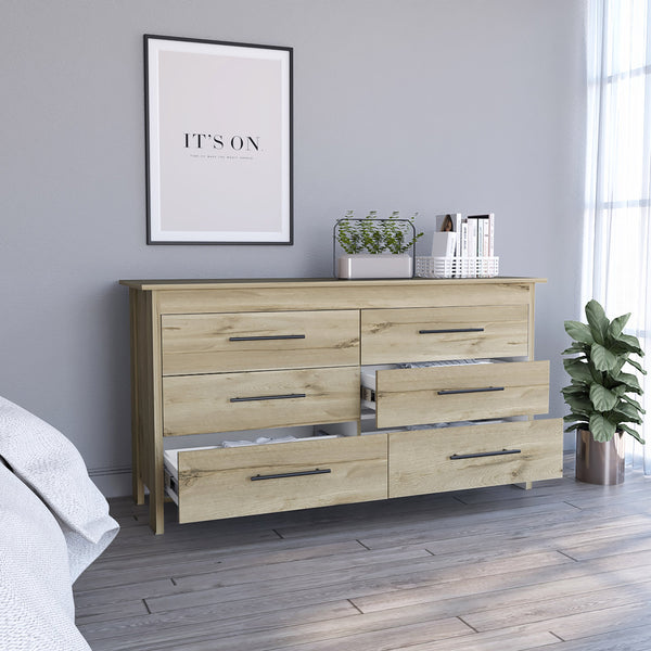 English Elm Hms 6-Drawer Double Dresser in Light Oak & White with Black Metal Pulls, Metal Gliders, 31.7" Tall B070S00103