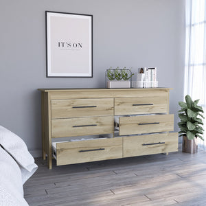English Elm Hms 6-Drawer Double Dresser with Superior Top, Light Oak/White Finish, Metal Gliders & Pulls B200S00103