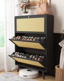 Hearth and Haven Rattan Narrow Shoe Cabinet with 3 Filp Drawers, Freestanding Shoe Storage Organizer, Modern Shoe Organizer Cabinet For Entryway W2227P144263