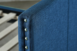 English Elm Blue Fabric Upholstered Daybed with Pull-Out Trundle, Nailhead Trim, Wood Frame, Twin Sleep Solution B011S00875