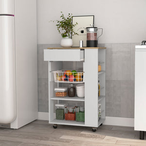 English Elm Blosson Kitchen Cart - Compact Mobile Storage With Drawer & Open Shelves In White & Light Oak Finish B070S00099