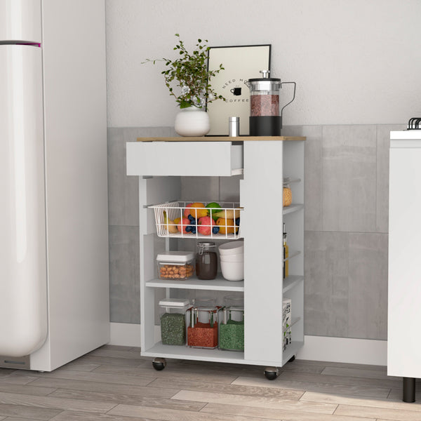 English Elm Blosson Kitchen Cart - Compact Mobile Storage With Drawer & Open Shelves In White & Light Oak Finish B070S00099