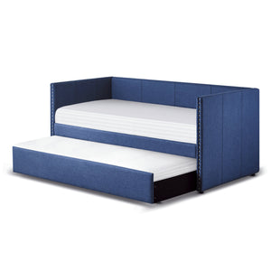 English Elm Blue Fabric Upholstered Daybed with Pull-Out Trundle, Nailhead Trim, Wood Frame, Twin Sleep Solution B011S00875