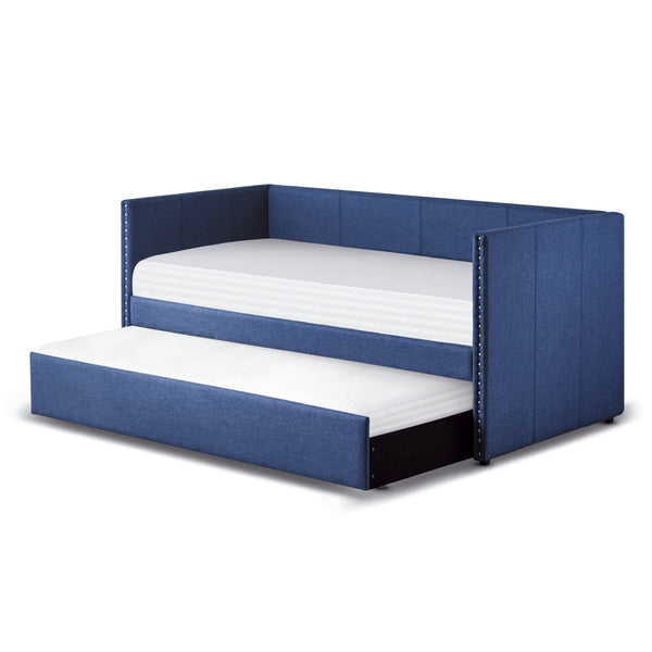 English Elm Blue Fabric Upholstered Daybed with Pull-Out Trundle, Nailhead Trim, Wood Frame, Twin Sleep Solution B011S00875
