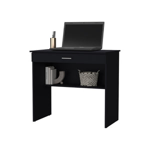 English Elm Kaylor Storage Desk with Drawer & Lower Shelf, 31.5"W Compact Modern Workstation in Black/White Finish B128P176189