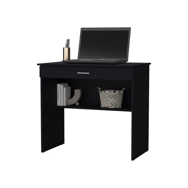 English Elm Kaylor Storage Desk with Drawer & Lower Shelf, 31.5"W Compact Modern Workstation in Black/White Finish B128P176189