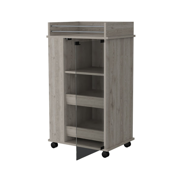 English Elm Lusk Light Gray Bar Cart with 2-Bottle Shelf, Glass Door, Smooth Casters & Side Storage B128P176153