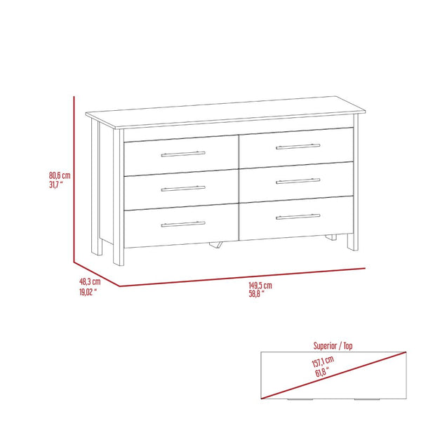 English Elm Hms 6-Drawer Double Dresser in Light Oak & White with Black Metal Pulls, Metal Gliders, 31.7" Tall B070S00103