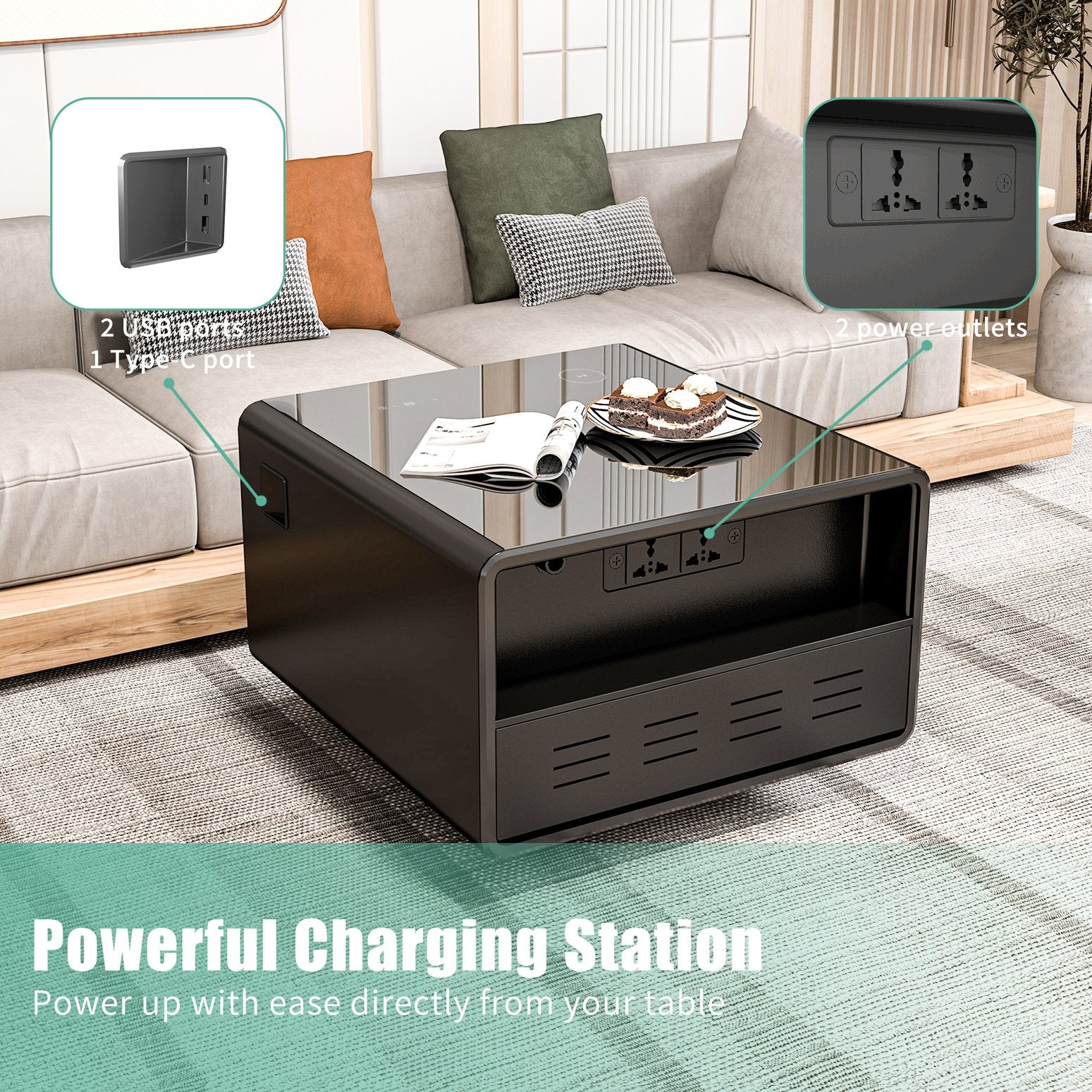 Monolithic Rectangular Smart Side Table Modern Smart Side Table With Mini Fridge, Wireless Charging, Usb Ports