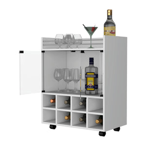 English Elm Minneapolis Mobile Bar Cart with 8-Bottle Rack, Glass Display Cabinet, Aluminum Top & Casters - White B128P176156