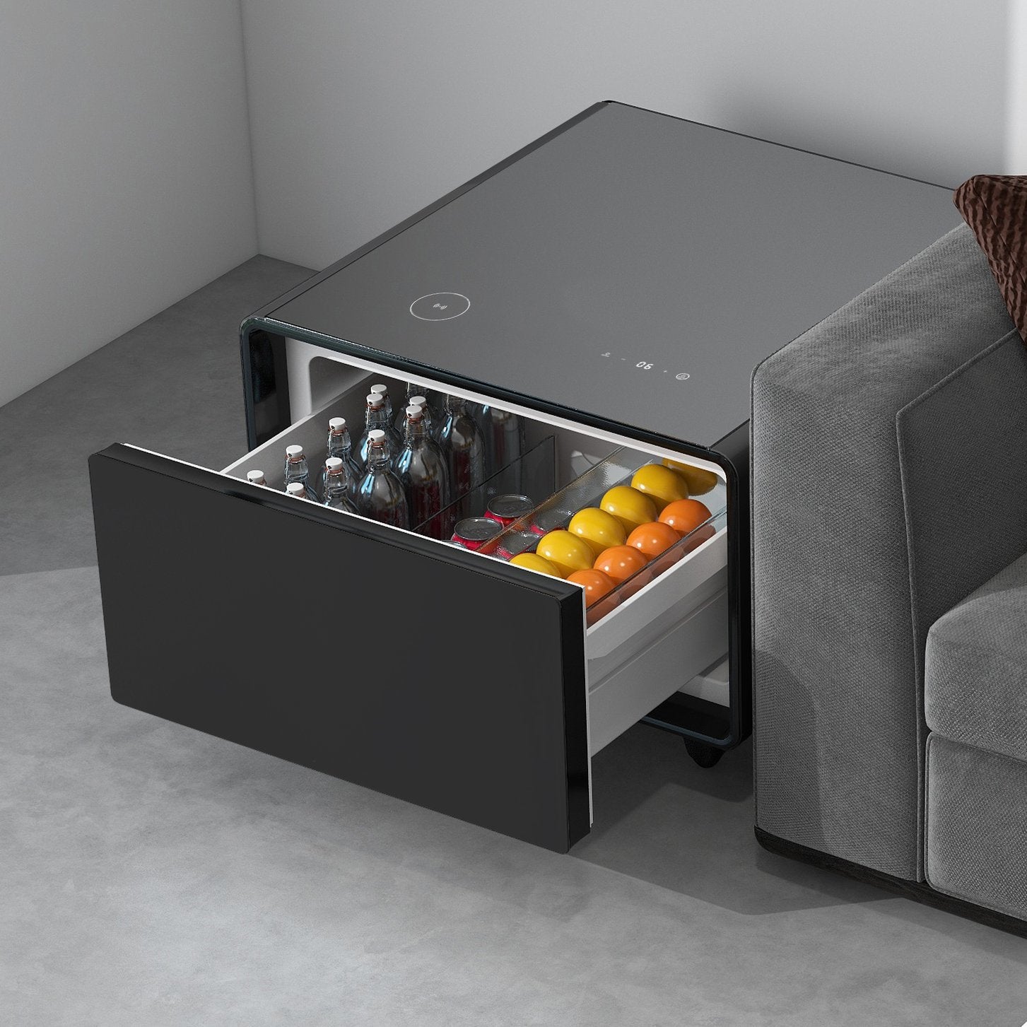 English Elm Modern Smart Side Table With Mini Fridge, Wireless Charging, Usb Ports & Induction Light - Black W1172P178854