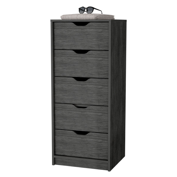 English Elm Dillon Narrow 5-Drawer Dresser in Smokey Oak — Slim 17.7" Wide Tall Chest, Oversized Storage Drawer Appeal B128P176103