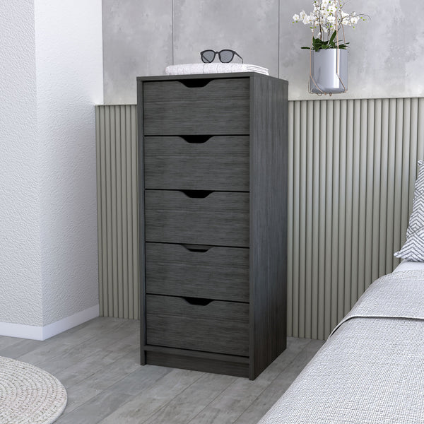 English Elm Dillon Narrow 5-Drawer Dresser in Smokey Oak — Slim 17.7" Wide Tall Chest, Oversized Storage Drawer Appeal B128P176103