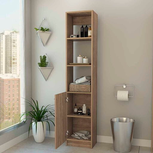 English Elm Kansas Linen Cabinet Beige Light Oak 63.8" Tall Slim 3 Open Shelves + Lower Storage Cabinet, Durable B128P148724